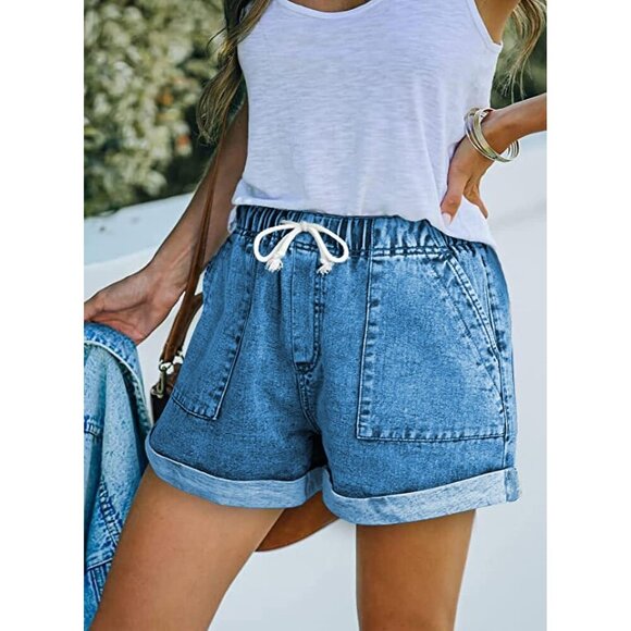 Women Casual Shorts Cotton Spandex High Rise Pockets Summer Pull-On 80 character - Picture 2 of 3